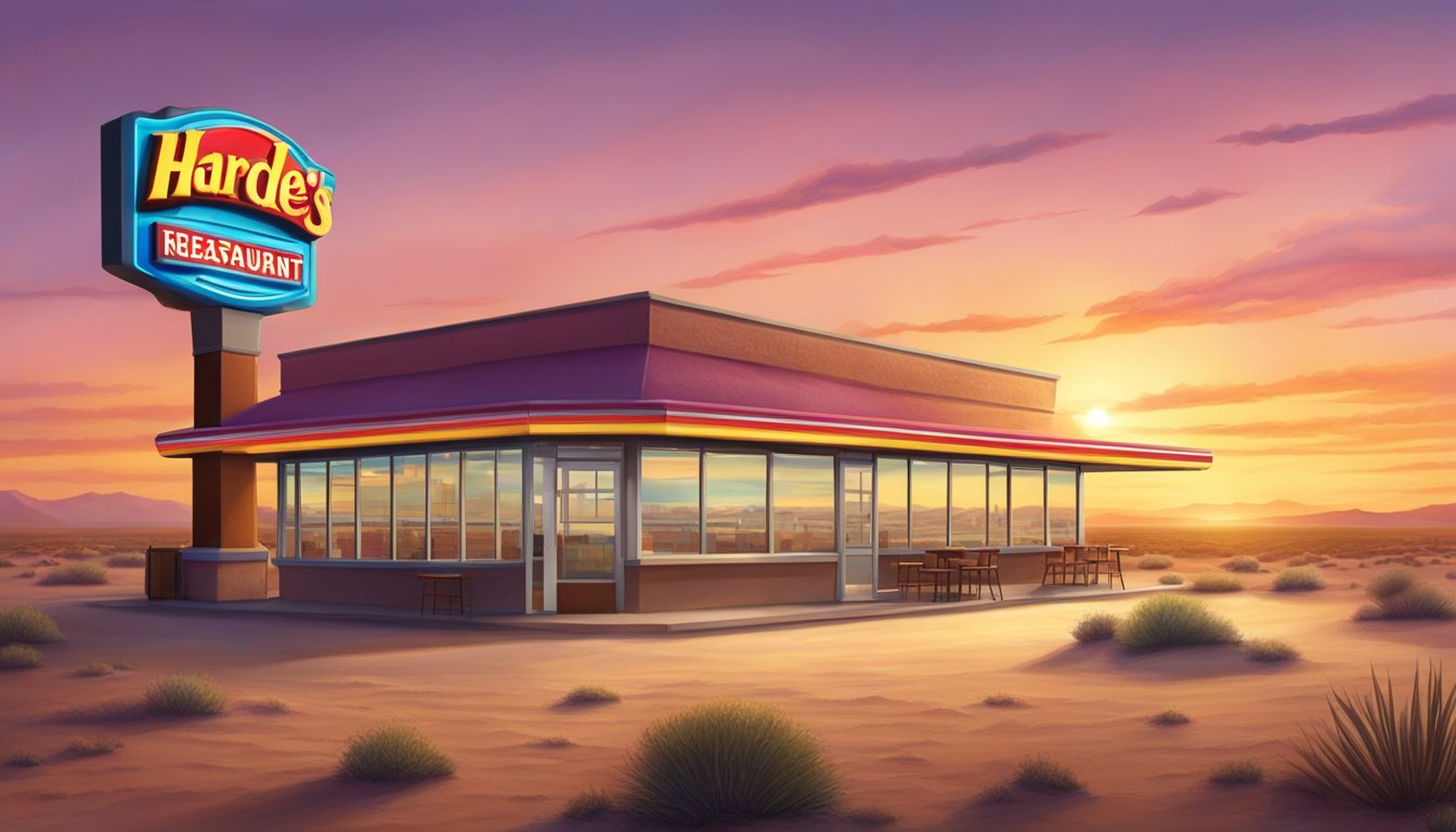 A lone Hardee's restaurant sits in a vast, empty desert landscape, with a colorful sunrise illuminating the scene