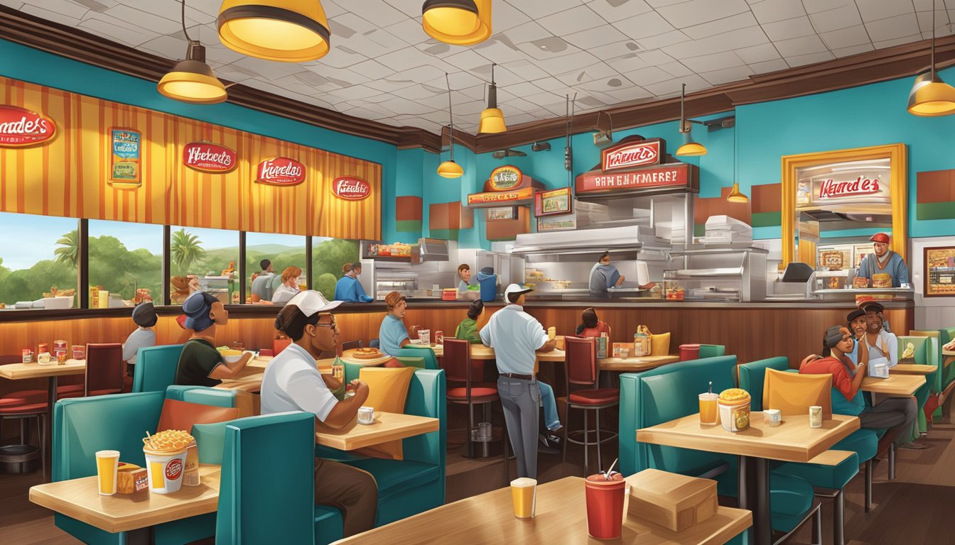 A bustling Hardee's restaurant with a Hollywood film set backdrop, featuring iconic breakfast items and film-inspired decor