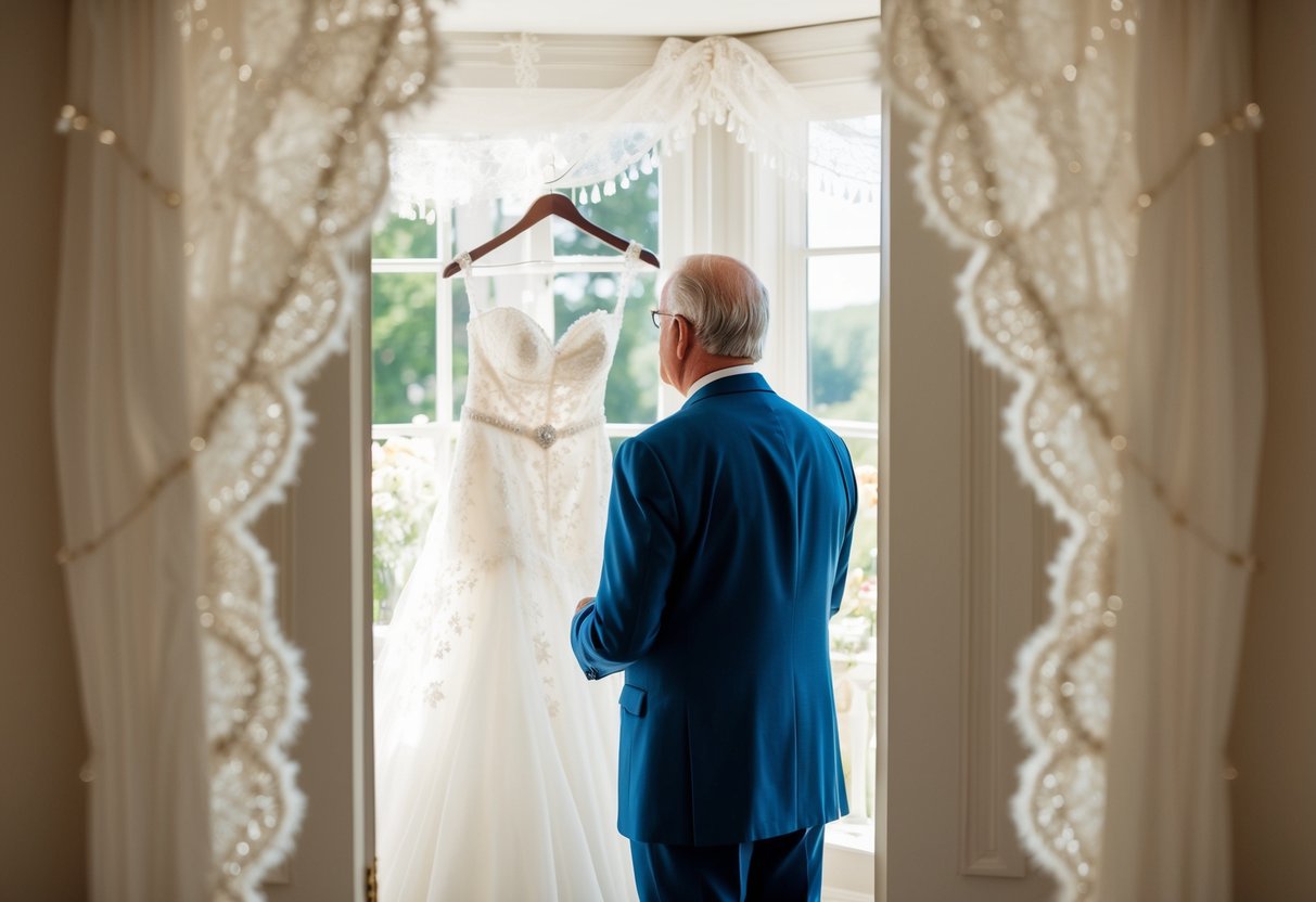 A proud father gazes at his daughter's wedding dress hanging in a sunlit room, surrounded by delicate lace and shimmering beads