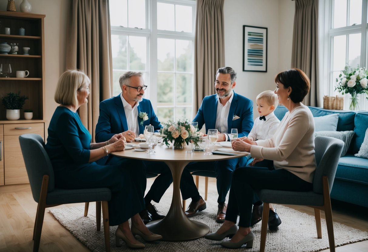 A family sitting around a table, discussing wedding expenses and financial contributions in a cozy living room in the UK