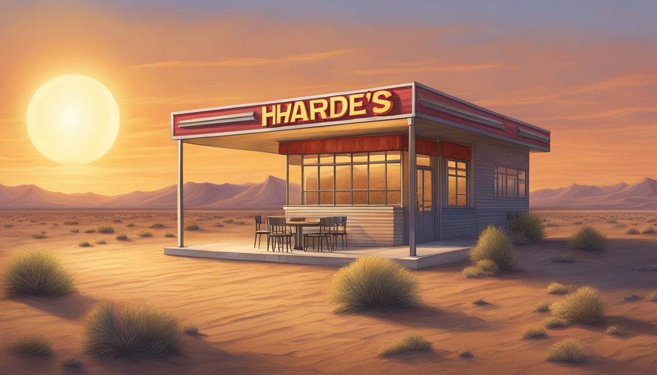 A lone Hardee's restaurant sits in a vast, barren desert landscape, with no signs of civilization for miles. The sun rises over the horizon, casting a warm glow on the small building