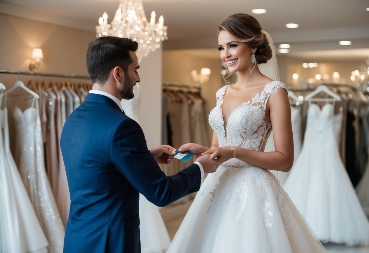 A woman's elegant wedding dress being purchased by a man with a credit card at a luxurious bridal boutique