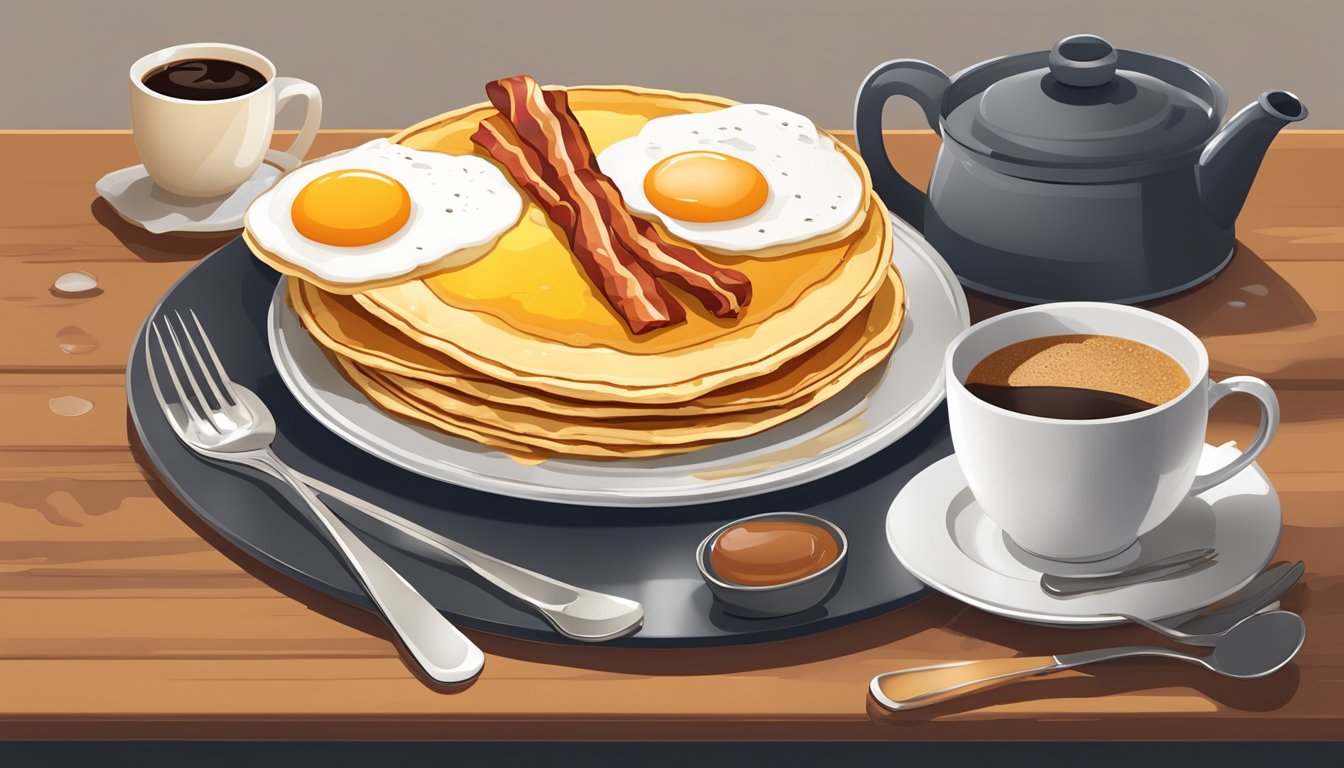 A table set with a hearty breakfast spread, including a sizzling skillet of eggs and bacon, a steaming cup of coffee, and a stack of golden pancakes dripping with syrup