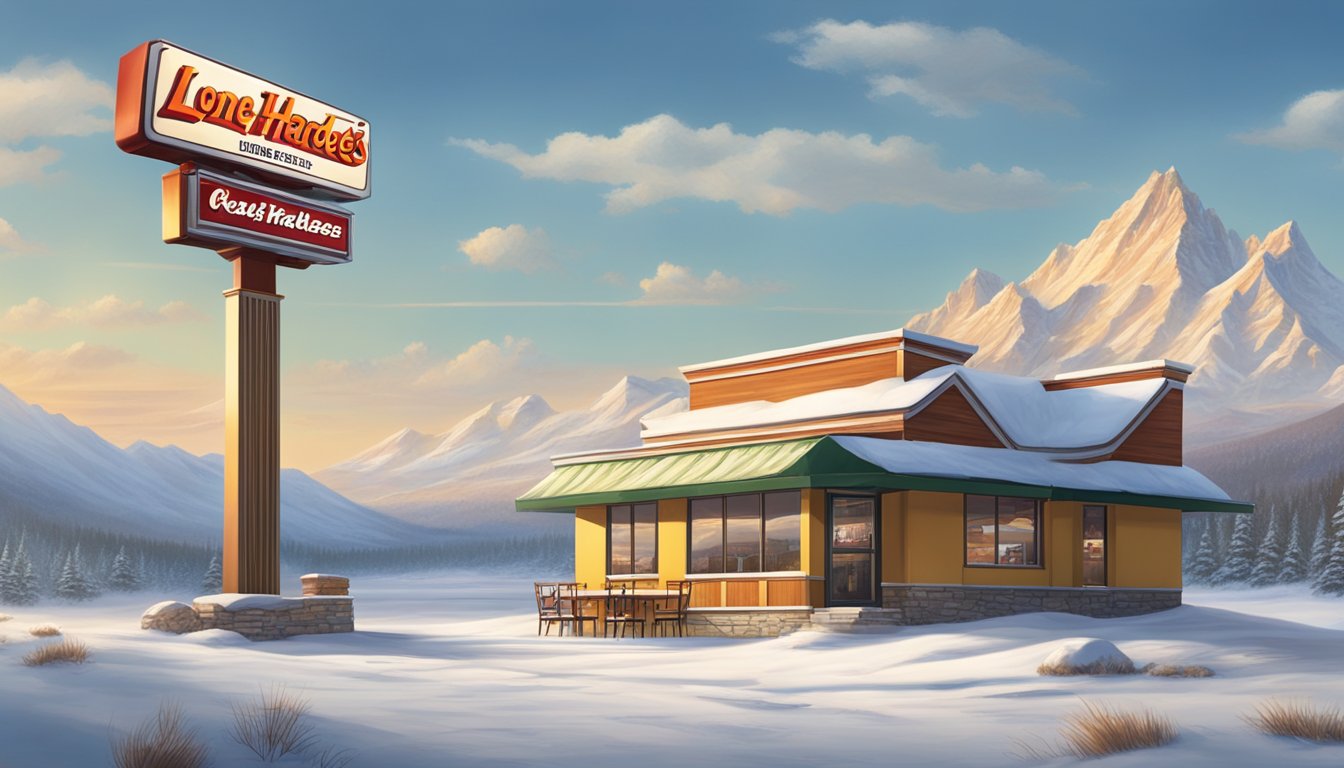 A lone Hardee's restaurant sits in a desolate, snow-covered landscape, surrounded by towering mountains and a vast expanse of wilderness