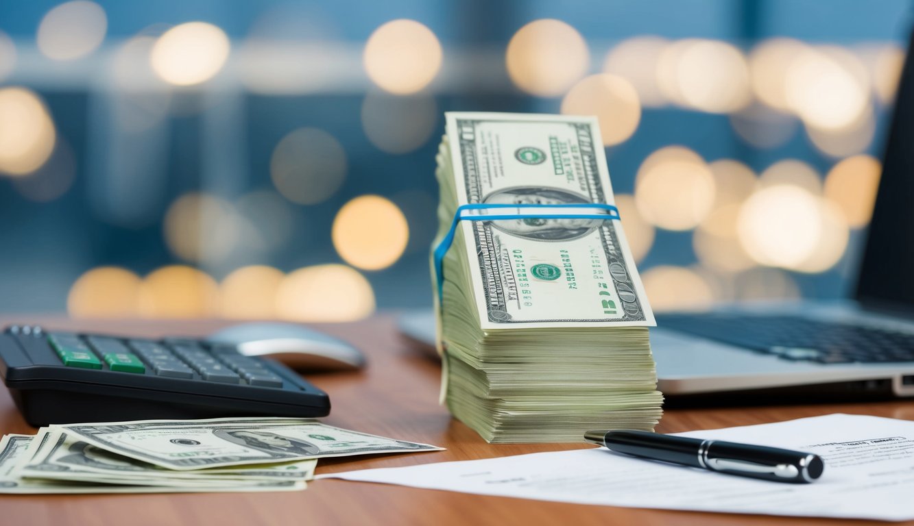 A stack of cash on a desk, alongside a royalty statement and a pen