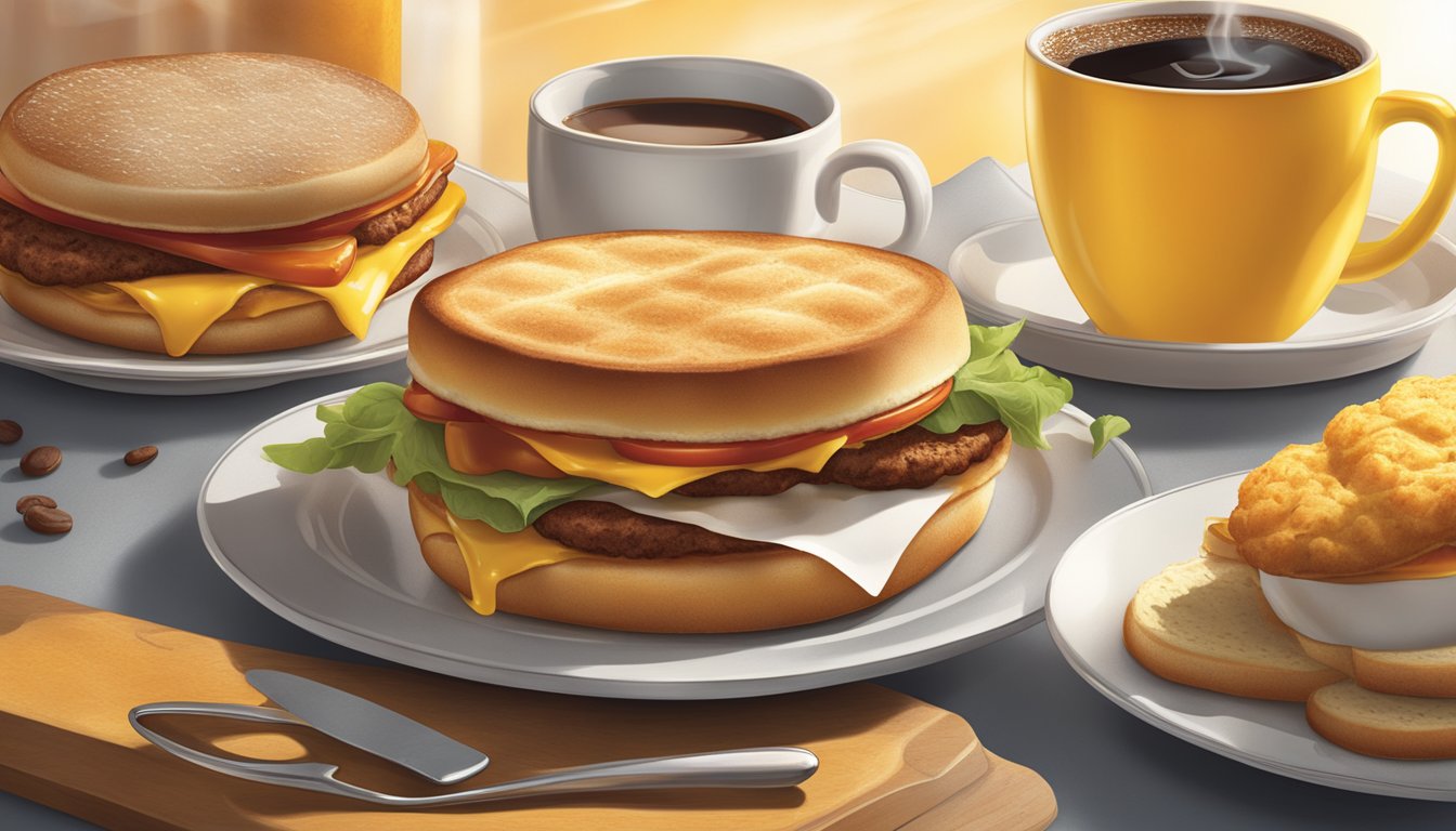 The morning sun shines on a Hardee's breakfast spread, with steam rising from a hot biscuit sandwich and a cup of coffee