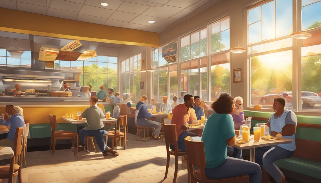 A bustling Hardee's restaurant at breakfast time, with customers chatting and enjoying their meals. The sun streams through the windows, casting a warm glow over the scene