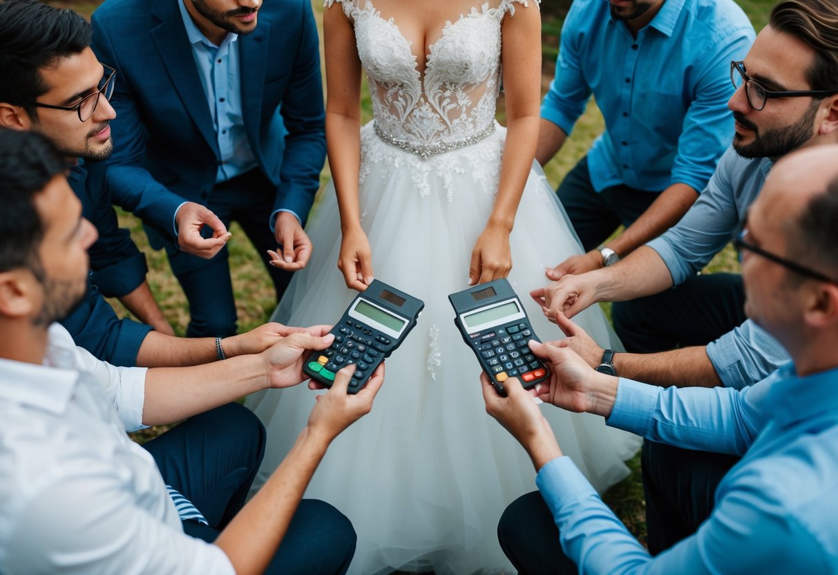 A bride's dress surrounded by a circle of contributors discussing payment