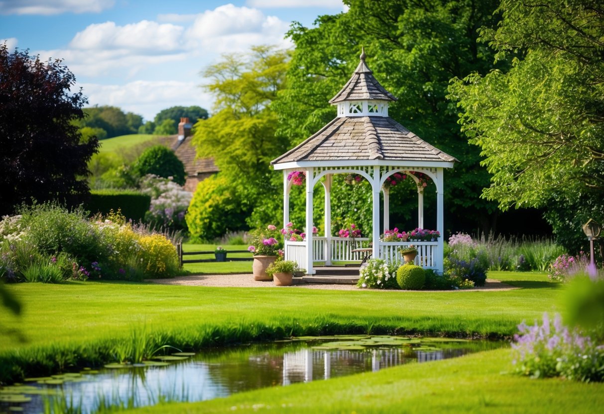 A quaint English countryside setting with a charming gazebo adorned with flowers, surrounded by lush greenery and a serene pond