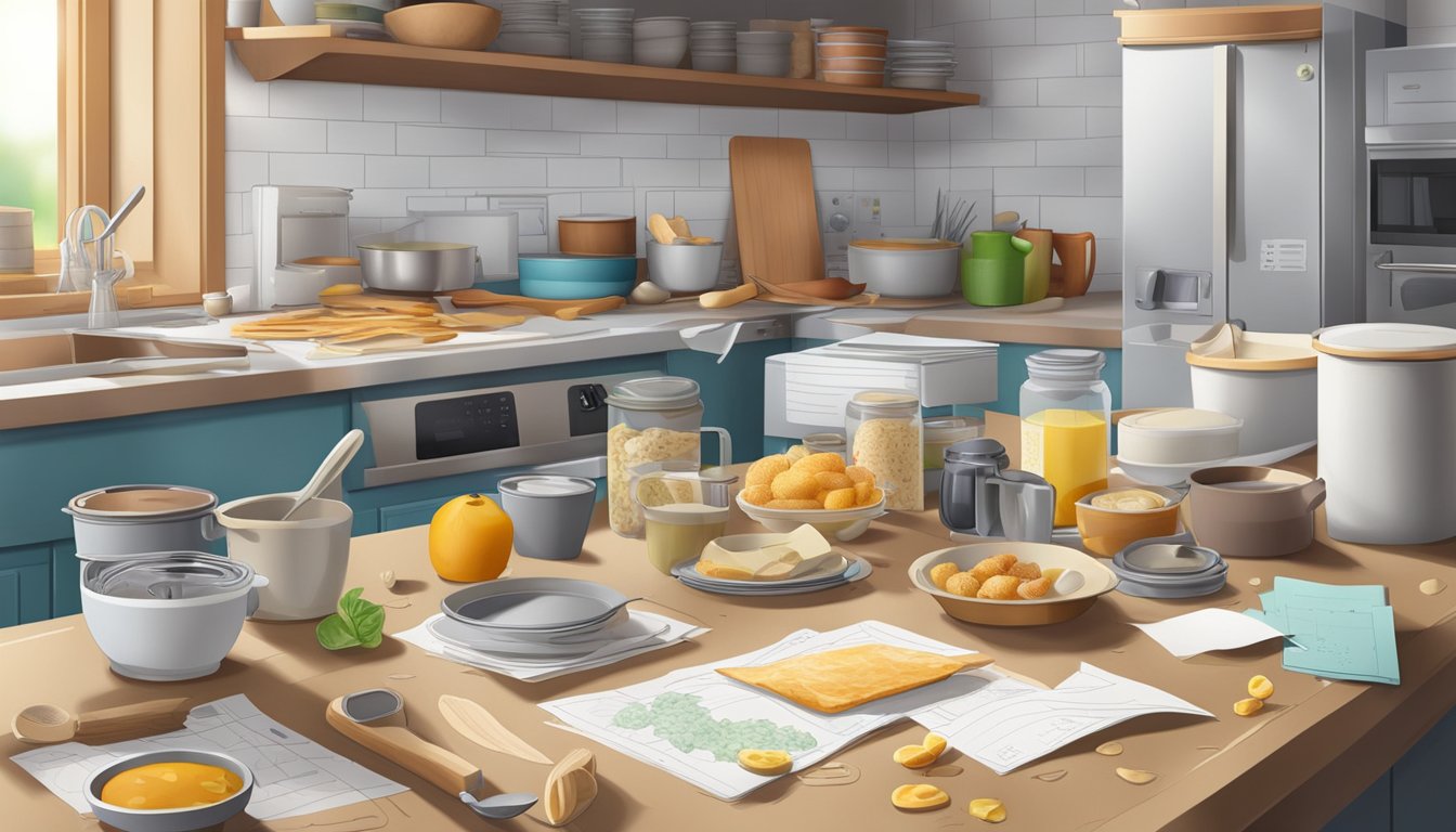 A cluttered kitchen with discarded breakfast items and recipe notes scattered across the counter and floor