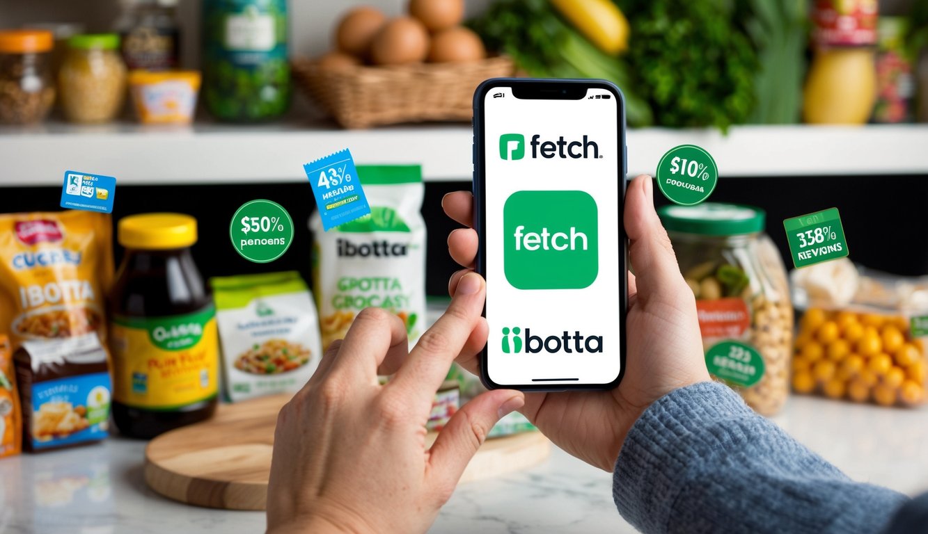 A hand reaching for a smartphone with the Fetch and Ibotta logos displayed on the screen, surrounded by various grocery items and cashback rewards