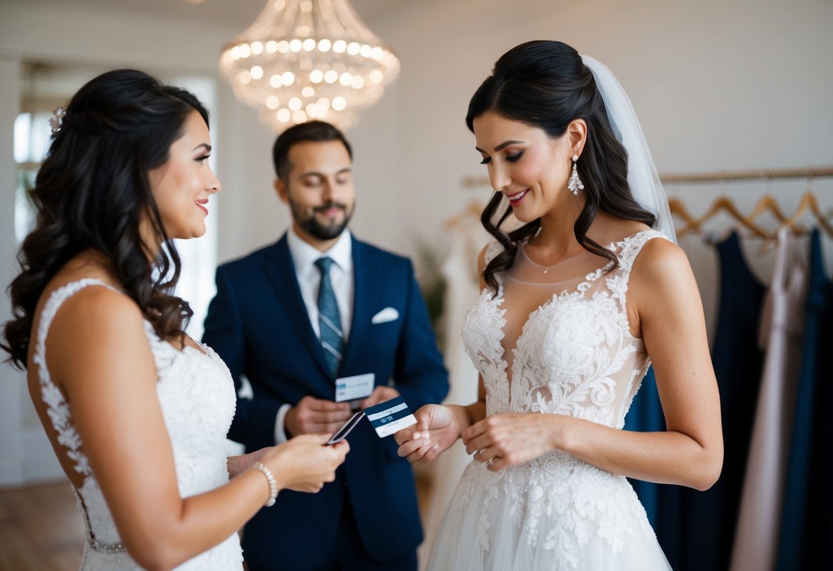 A woman tries on wedding dresses while a man looks on, holding a credit card