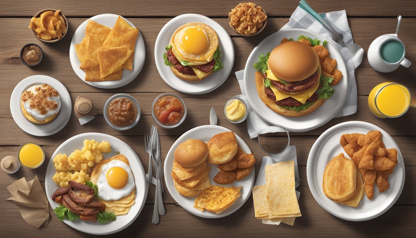 A spread of failed breakfast menu items at Hardee's, including unique dishes and innovative combinations, displayed on a rustic wooden table