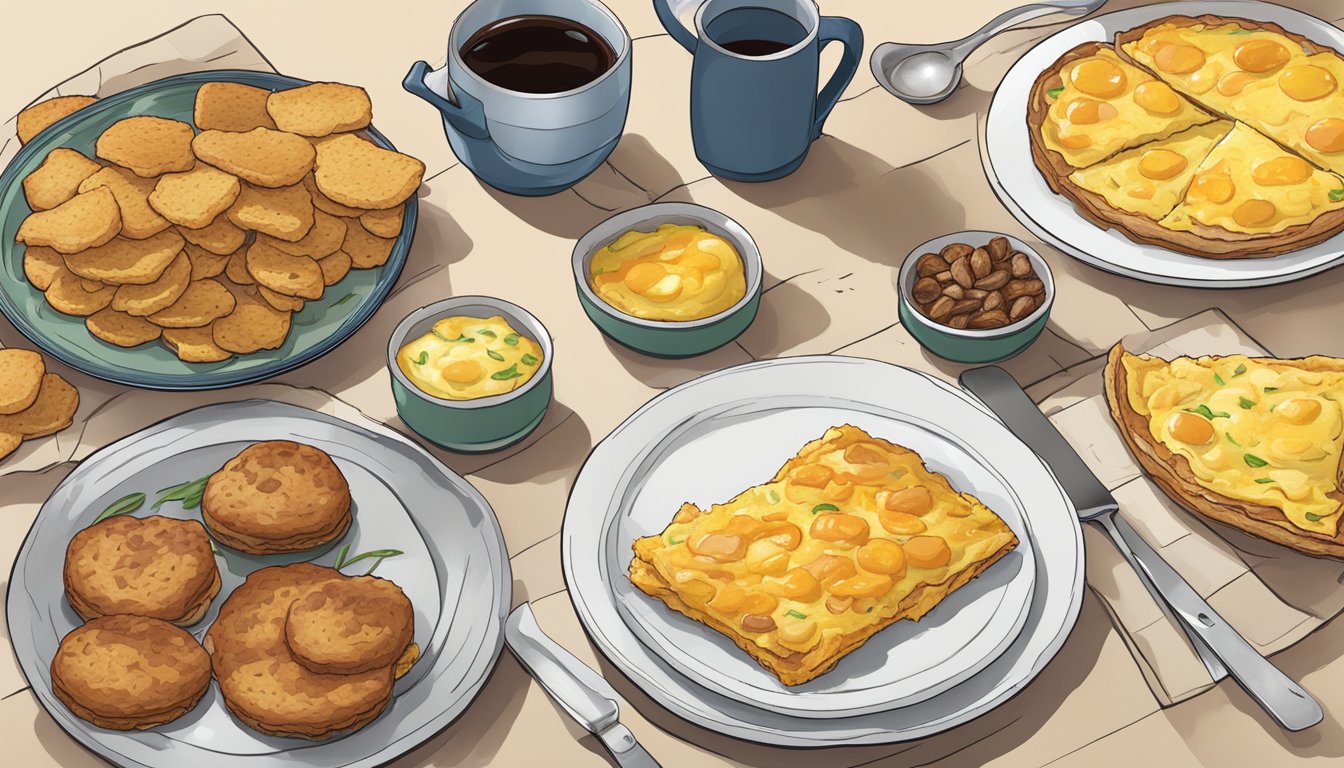 A table cluttered with discarded breakfast items: burnt biscuits, soggy hash browns, and a half-cooked omelette