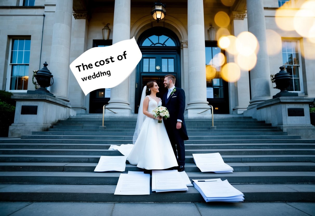 A bride and groom stand before a grand British courthouse, surrounded by legal documents and logistical paperwork. The cost of their wedding hovers overhead