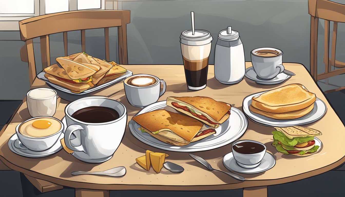 A table filled with discarded breakfast items, including uneaten sandwiches, cold coffee, and crumpled napkins