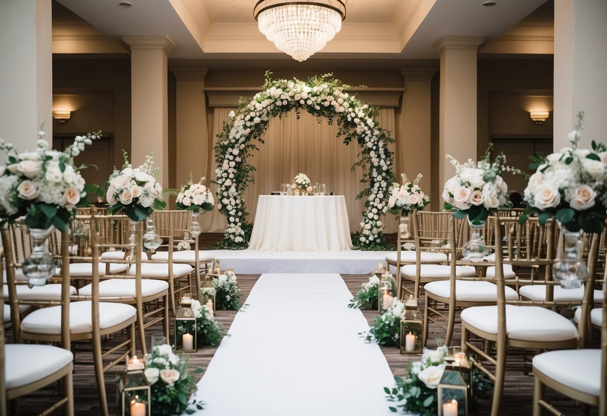 A wedding venue with elegant decorations and floral arrangements set up for a ceremony