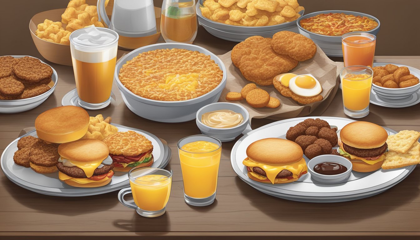 A table set with a variety of unique breakfast items from Hardee's, including biscuits, breakfast sandwiches, and hash browns, surrounded by a changing American palate of diverse flavors and ingredients