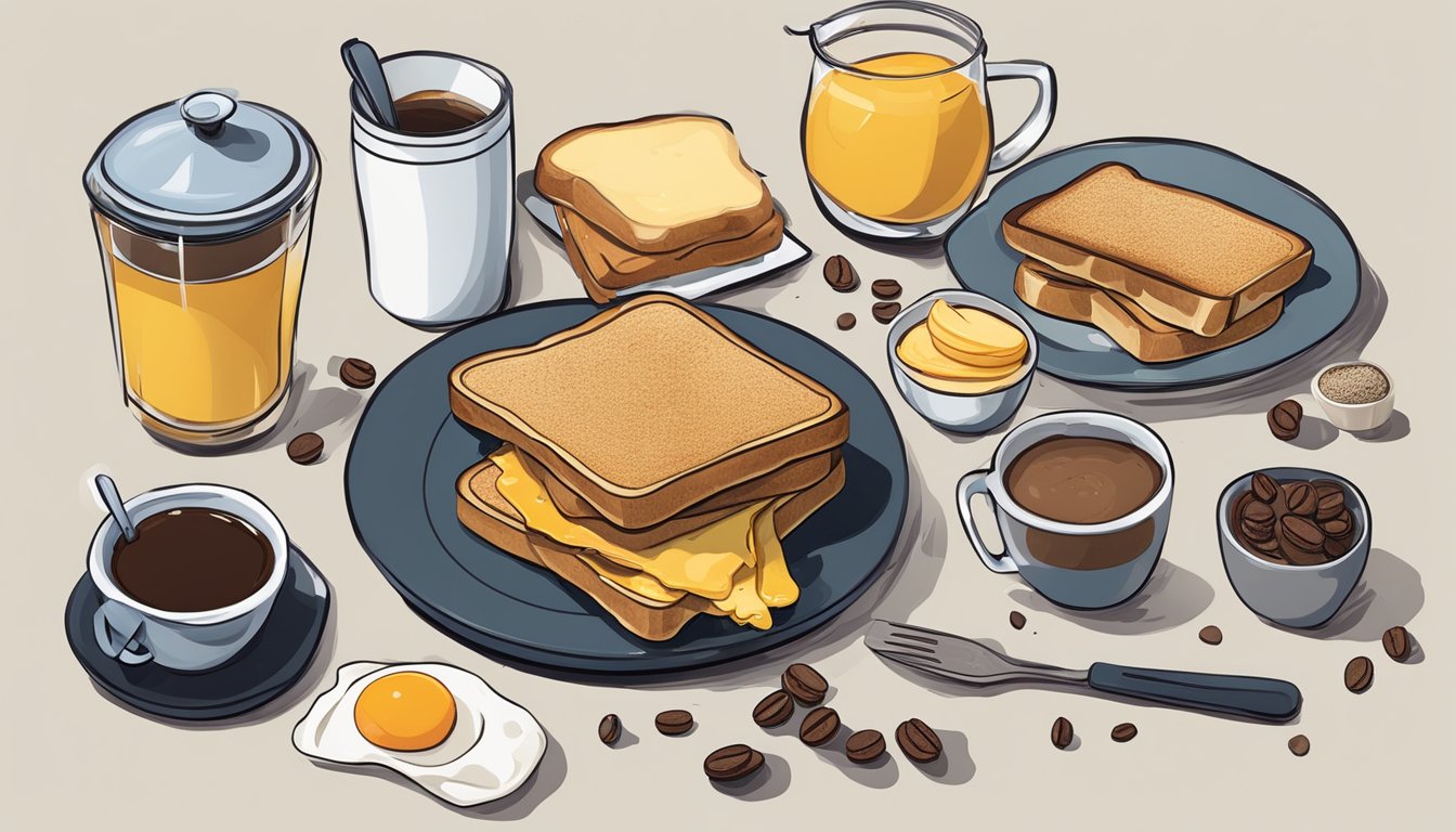 A cluttered kitchen counter with discarded breakfast items, including burnt toast, spilled coffee, and a failed attempt at a breakfast sandwich