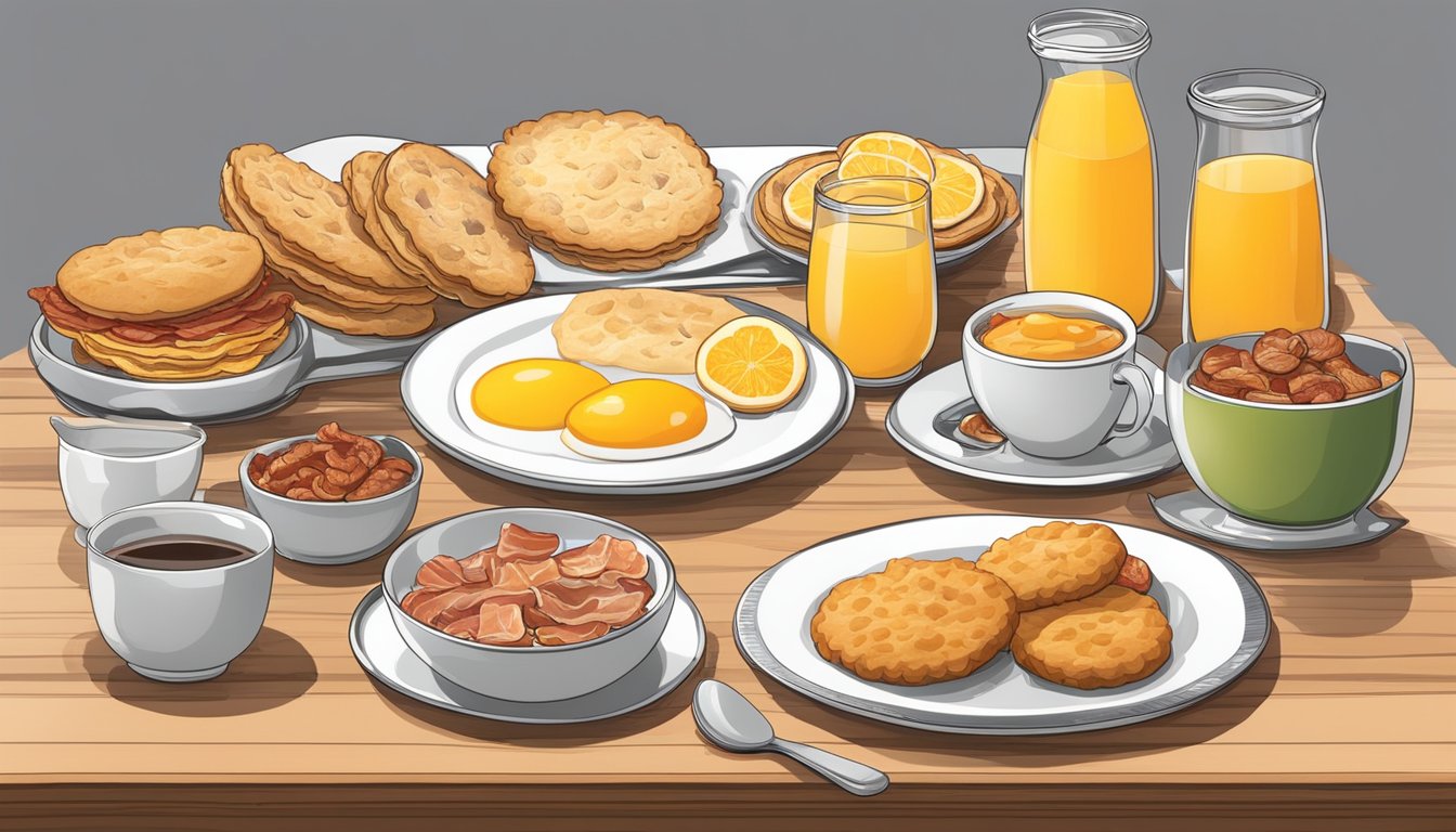 A table set with a variety of breakfast foods, including biscuits, eggs, bacon, and orange juice, with nutrition information displayed next to each item