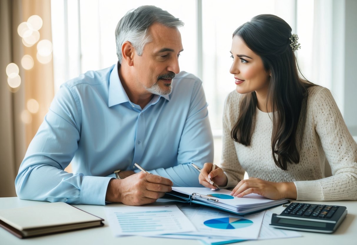 A father and daughter sit at a table, discussing wedding expenses. A wedding planning book and financial documents are spread out in front of them