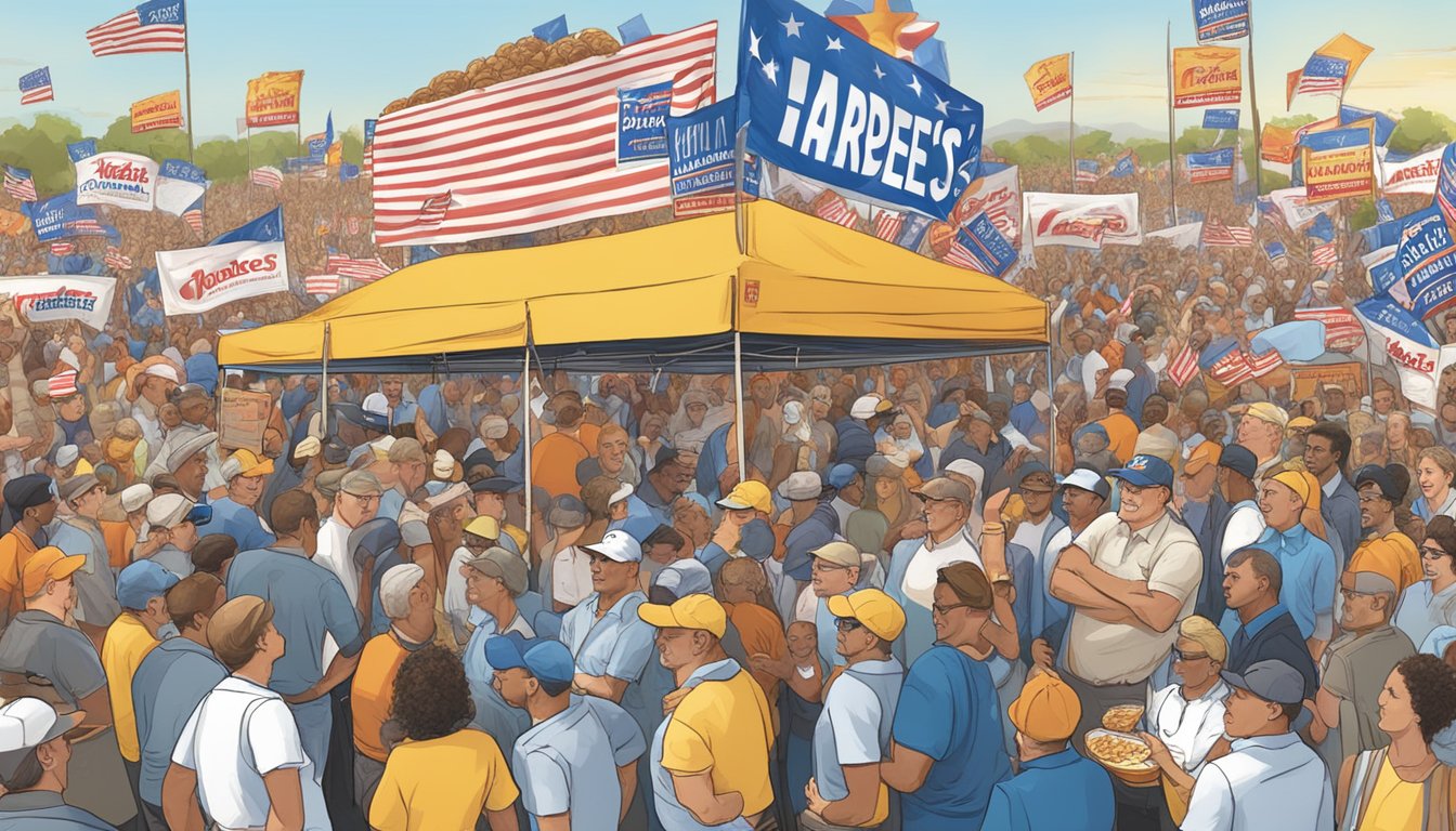 A bustling political rally with a prominent Hardee's breakfast spread as the focal point, surrounded by enthusiastic supporters and campaign signs