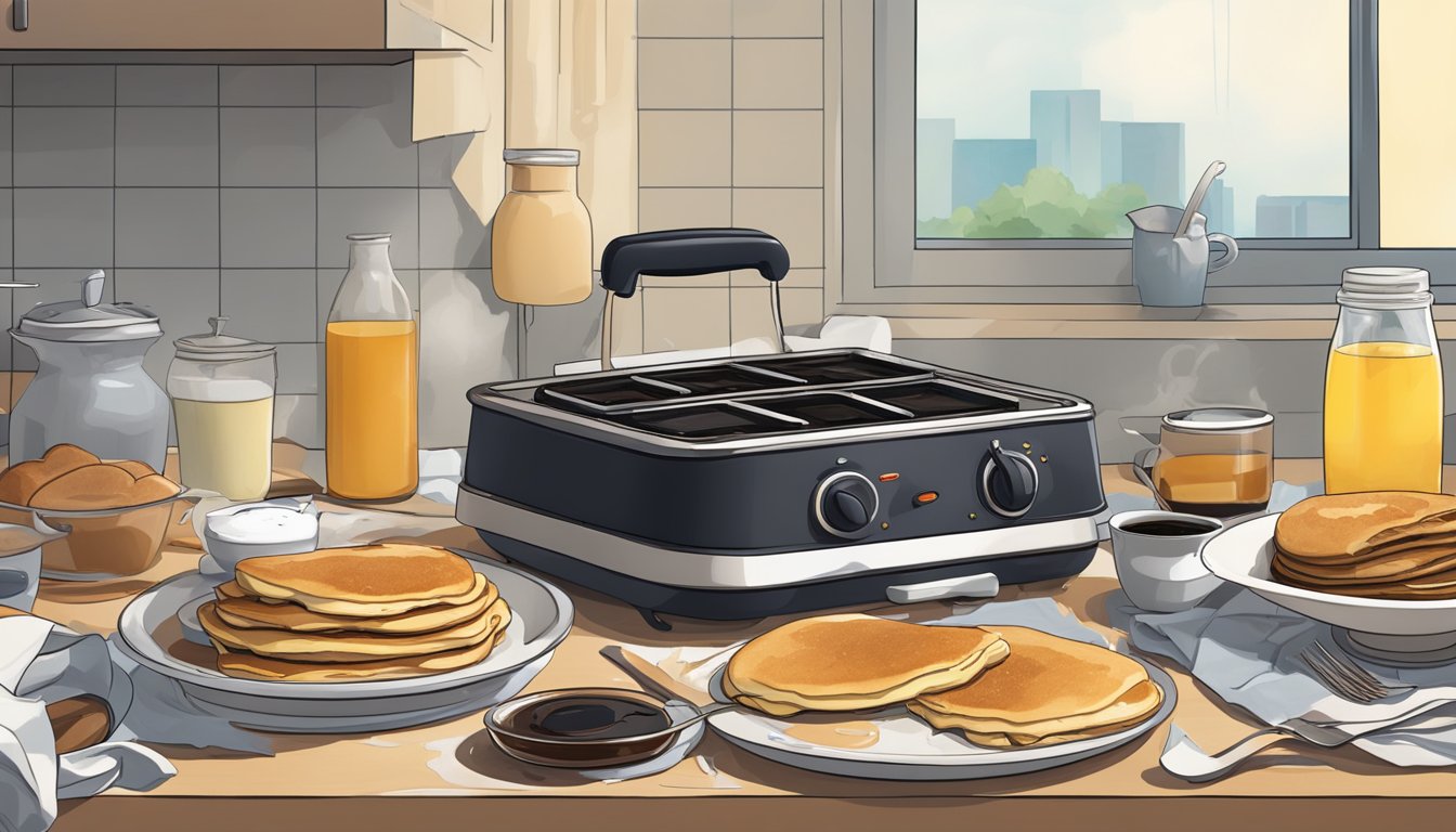 A cluttered kitchen counter with failed breakfast items: burnt pancakes, spilled syrup, and a broken toaster