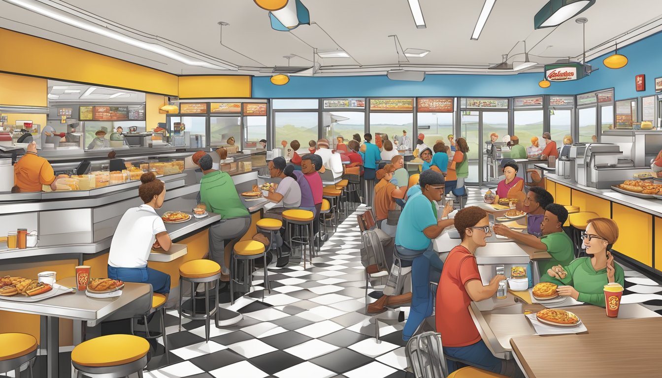 A bustling Hardee's restaurant with diverse customers enjoying a variety of breakfast options, including accessible menu items for all dietary preferences