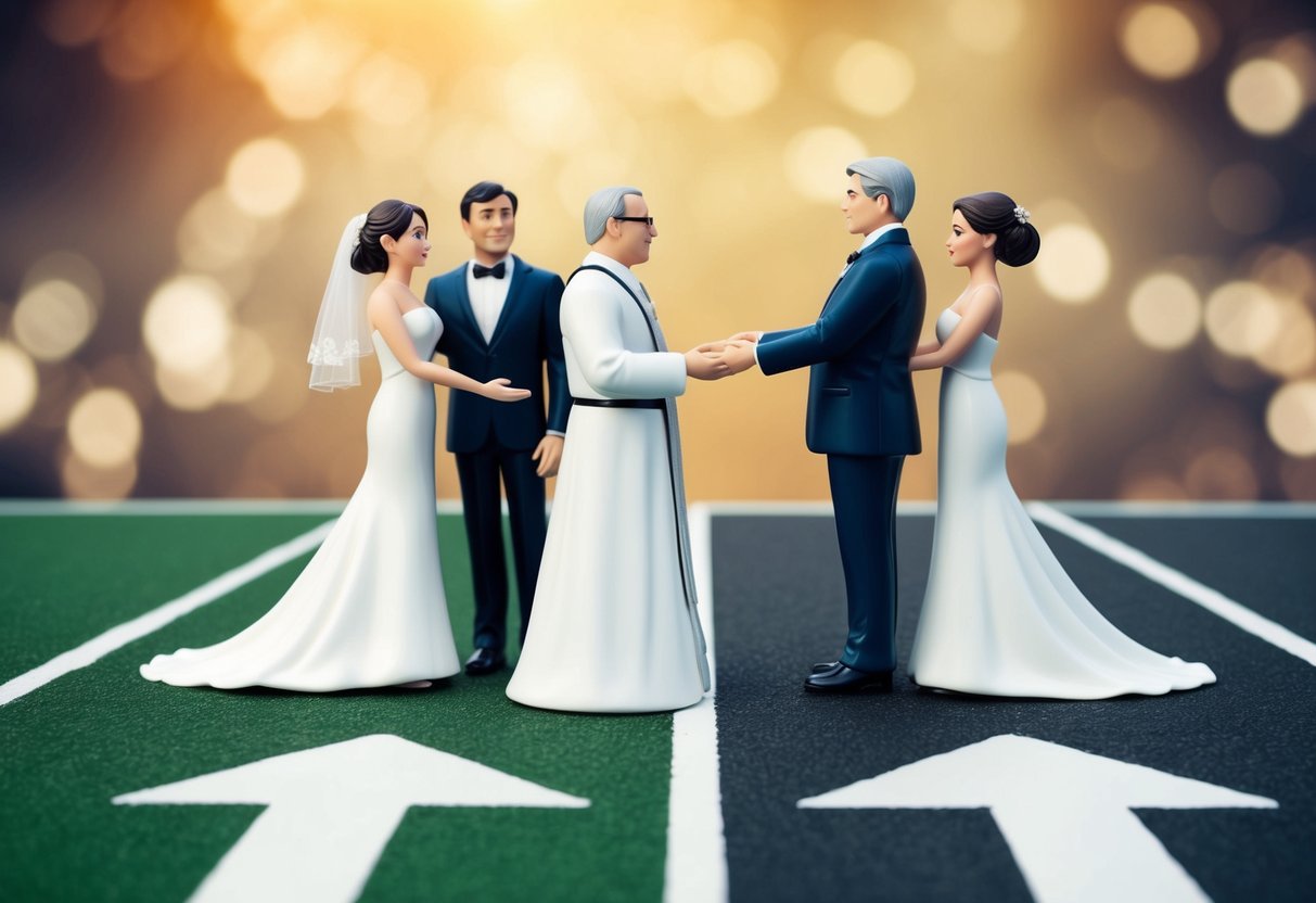 A bride and groom stand at a crossroads, with one path leading to a traditional wedding ceremony and the other to a modern celebration. A figure representing the father stands between the two options, torn between the two approaches
