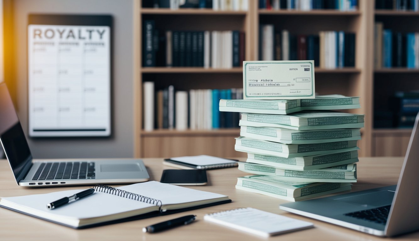 A stack of royalty checks and book sales reports on a desk, surrounded by a laptop, notebook, and pen. A calendar with speaking engagements and book signings hangs on the wall