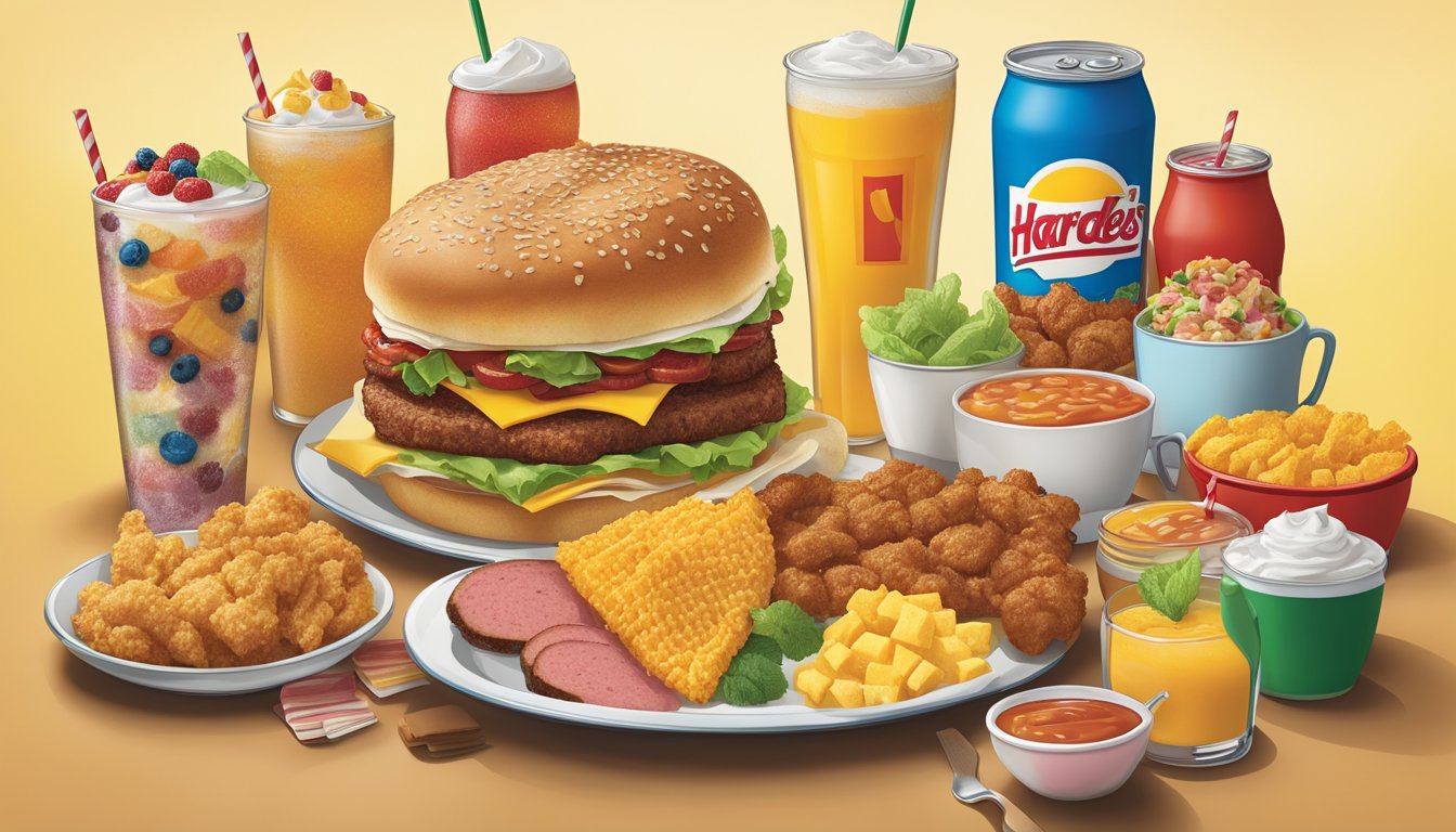 A colorful breakfast spread with Hardee's beverages and sides, showcasing the changing American palate