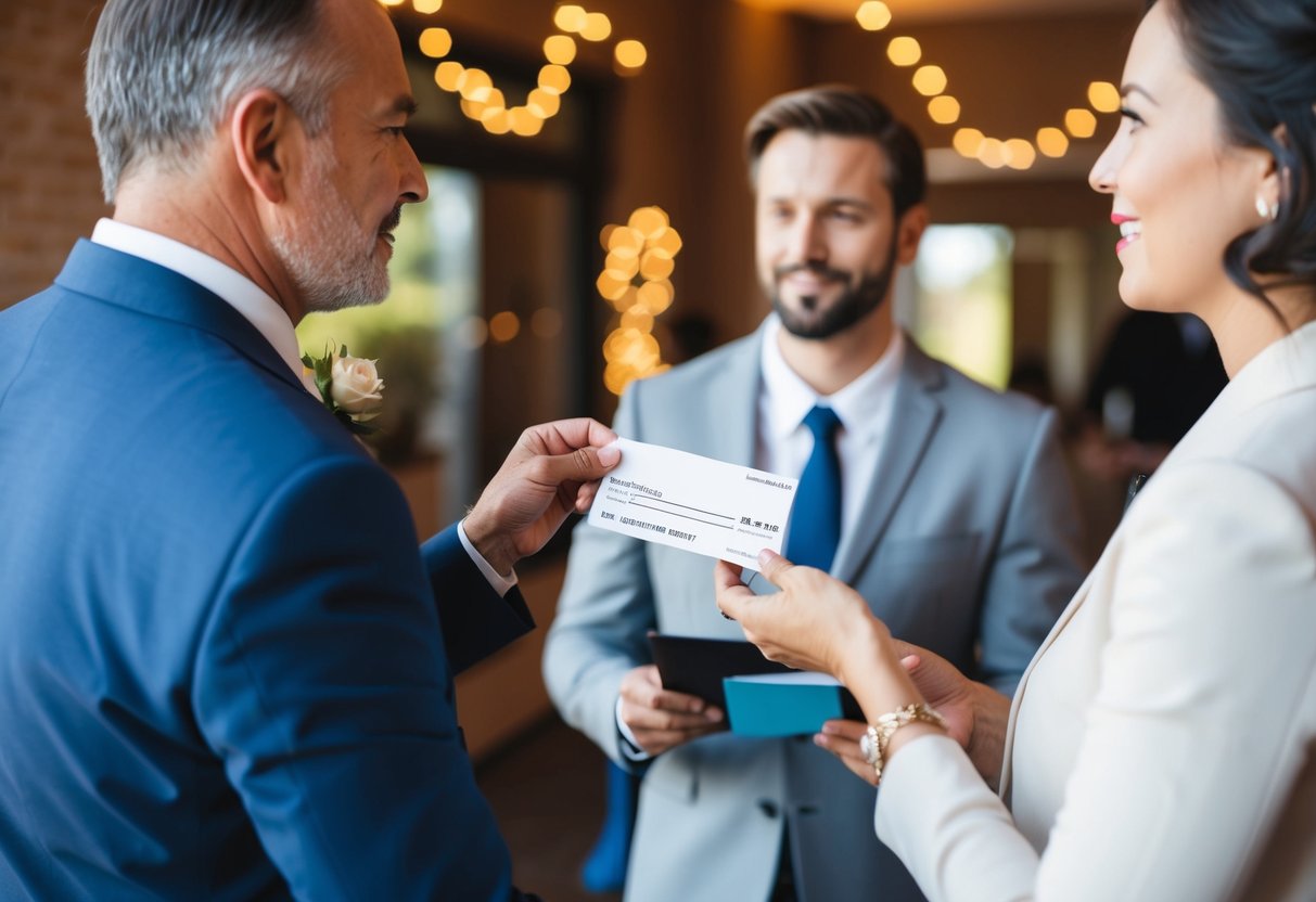 A father handing over a check to a wedding planner while discussing details and costs