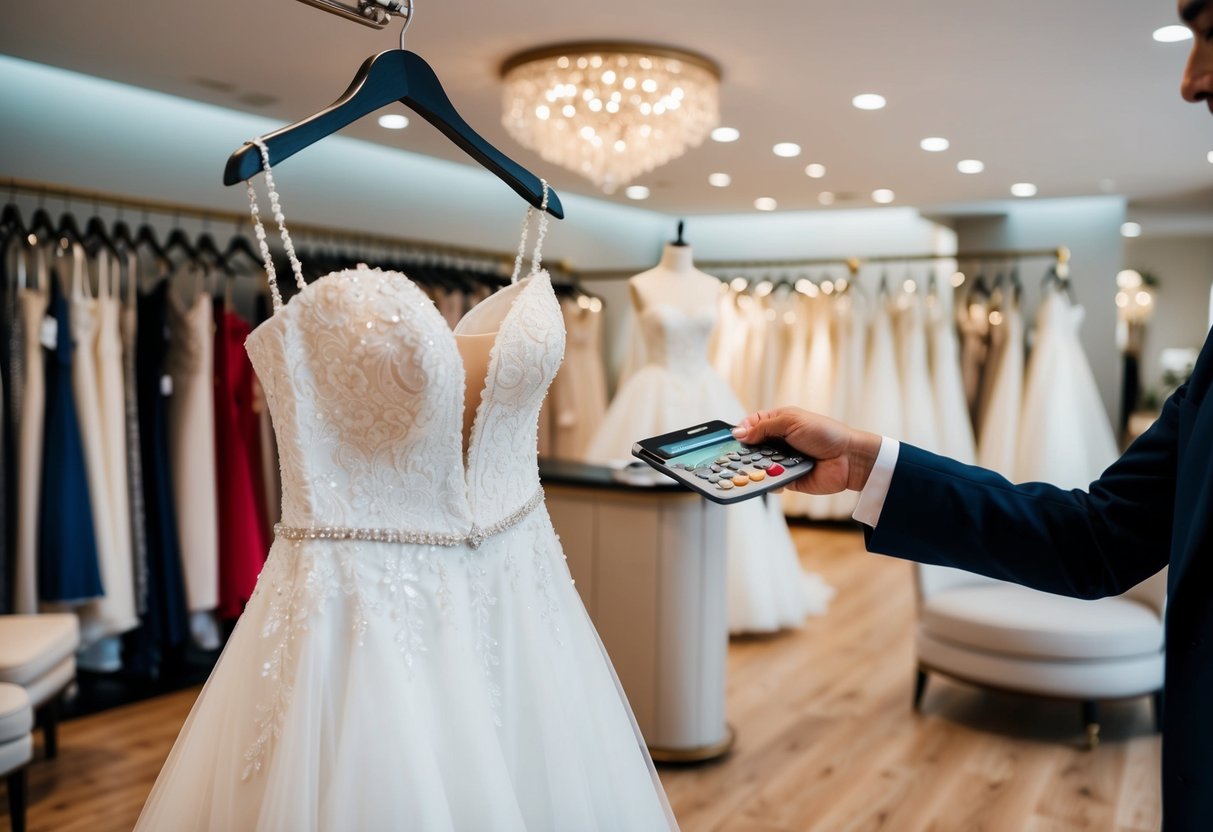 A beautiful wedding dress being carefully selected and paid for at a luxurious bridal boutique