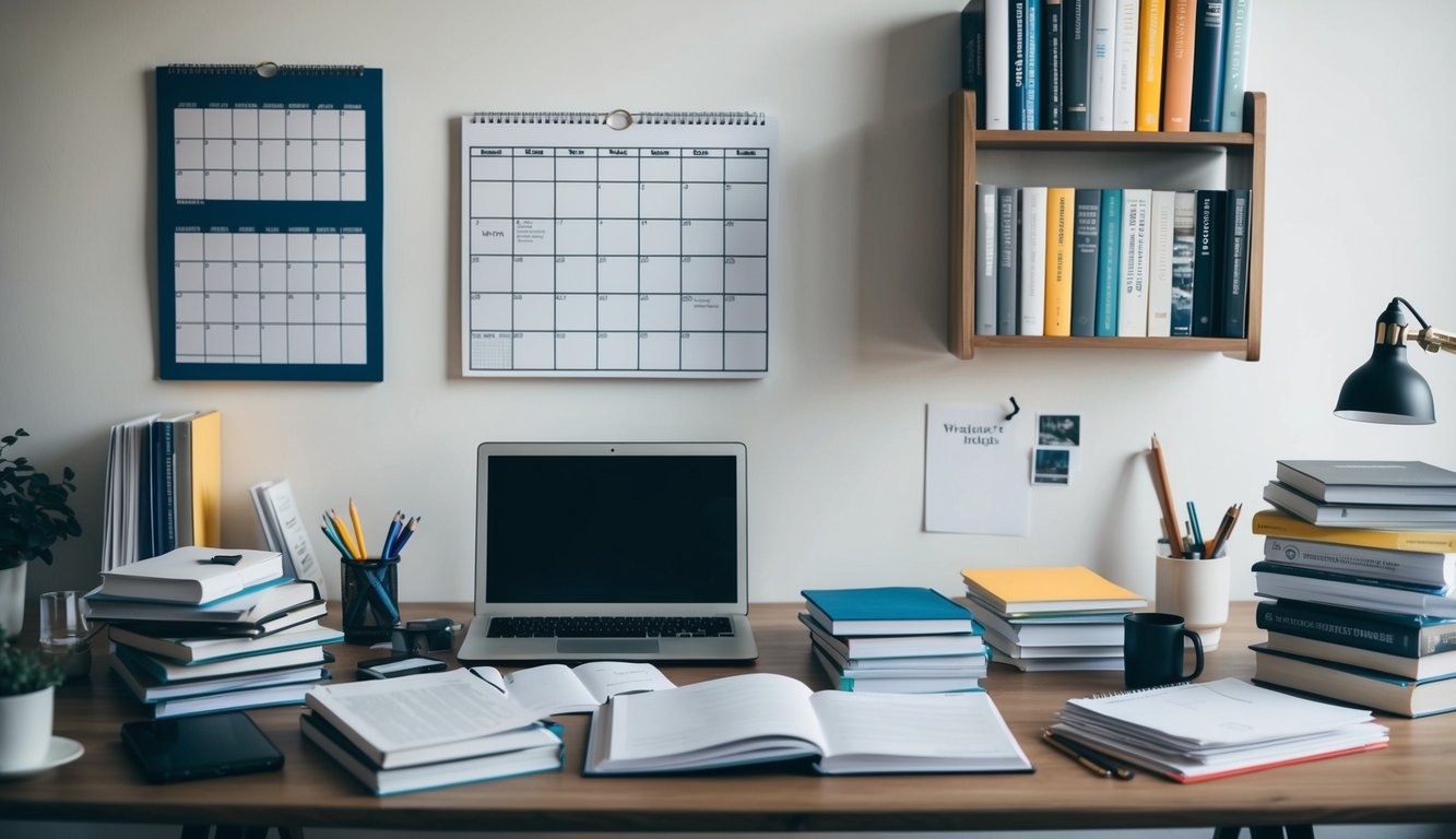 A desk cluttered with books, a laptop, and a stack of papers. A calendar on the wall with writing deadlines circled. A shelf filled with writing resources and industry guides