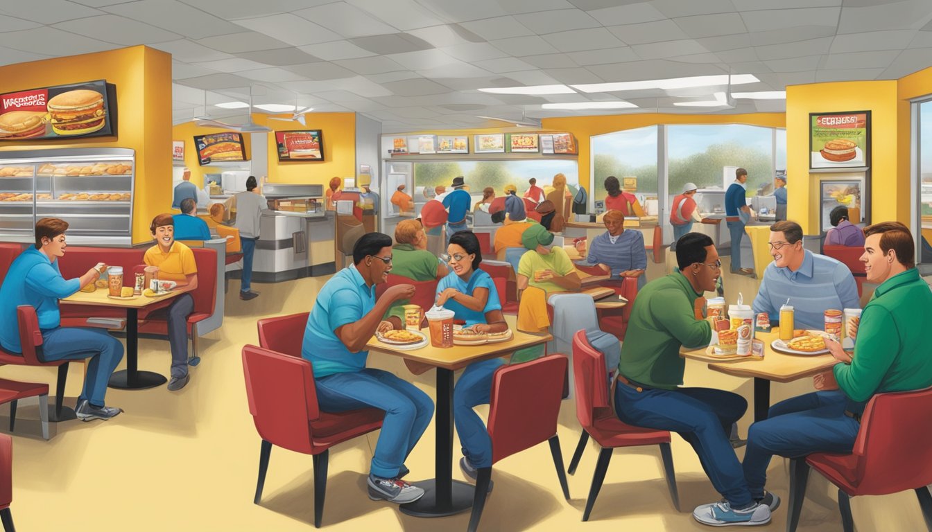 A bustling breakfast scene at Hardee's, with customers enjoying promotions and deals. The atmosphere reflects the changing American palate