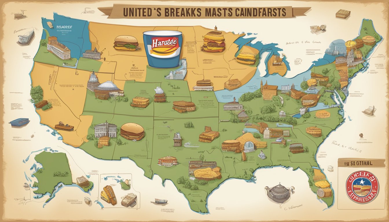 A map of the United States with a Hardee's breakfast sandwich and coffee placed strategically in key political campaign locations