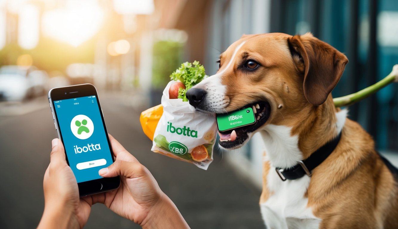 A dog with a bone in its mouth looks at a smartphone with the Ibotta app open, while another dog holds a bag of groceries in its mouth