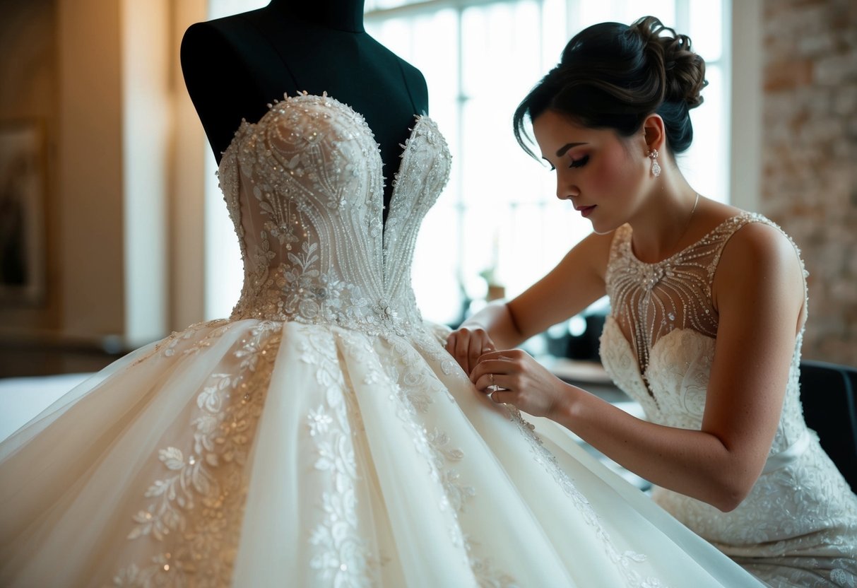 A designer sewing a luxurious wedding gown with intricate lace and beadwork