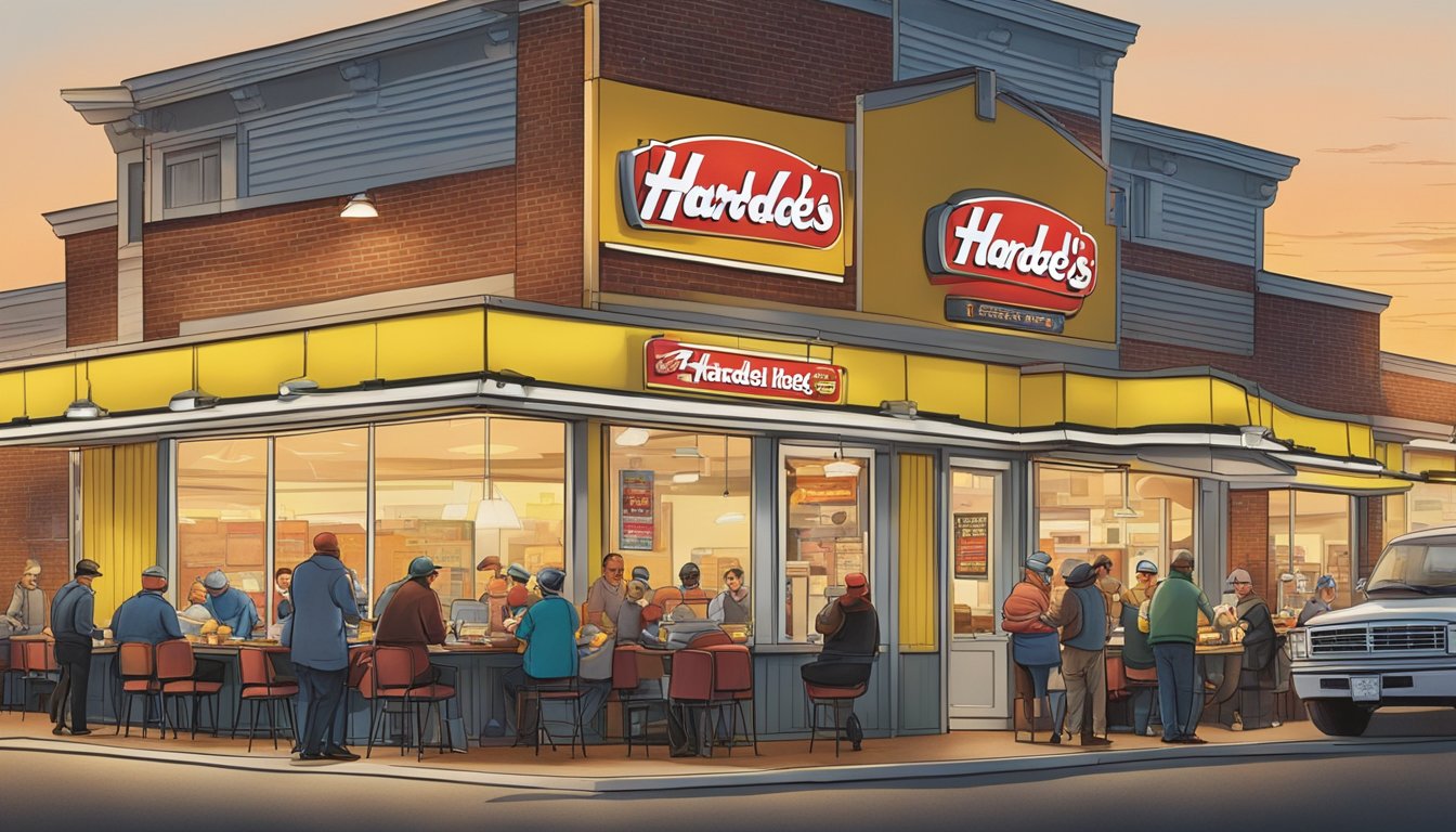 A bustling Hardee's restaurant at dawn, with a line of customers eagerly ordering breakfast items, while a campaign poster prominently features the menu