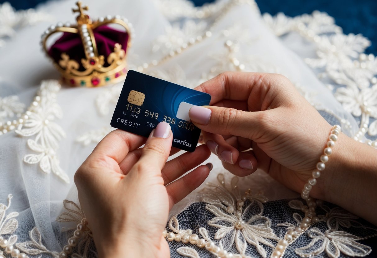 A woman's hand holding a credit card, surrounded by elegant lace fabric and intricate beading, with a royal crown subtly embroidered in the background