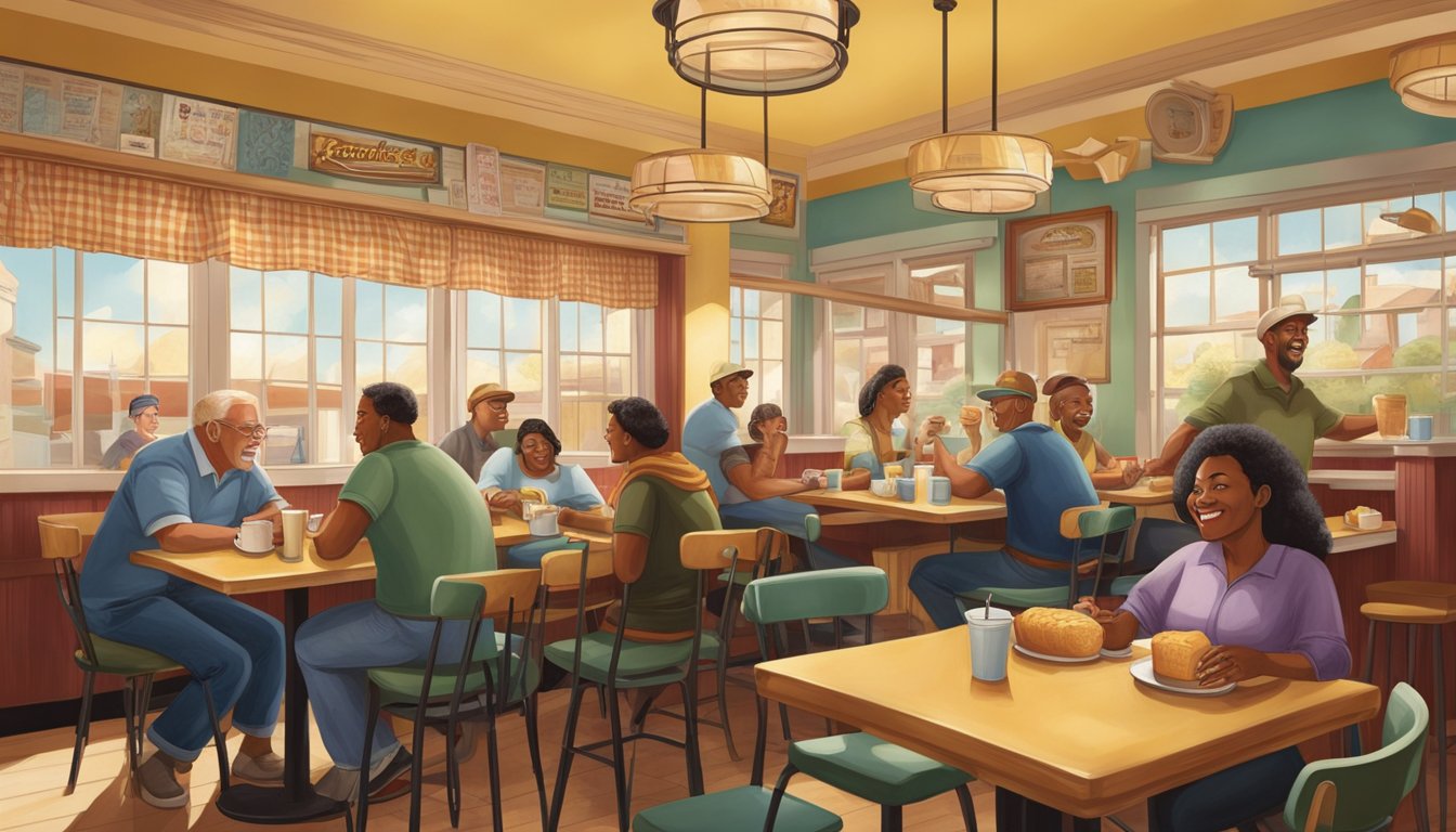 A group of diverse individuals gather at Hardee's for breakfast, chatting and laughing as they enjoy their meals. The atmosphere is warm and welcoming, with the restaurant's vintage decor adding to the sense of nostalgia and community