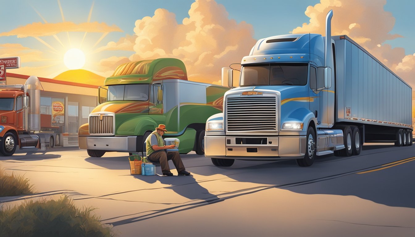 A trucker enjoying a hearty Hardee's breakfast while parked at a bustling truck stop, surrounded by other big rigs and the morning sun rising in the background