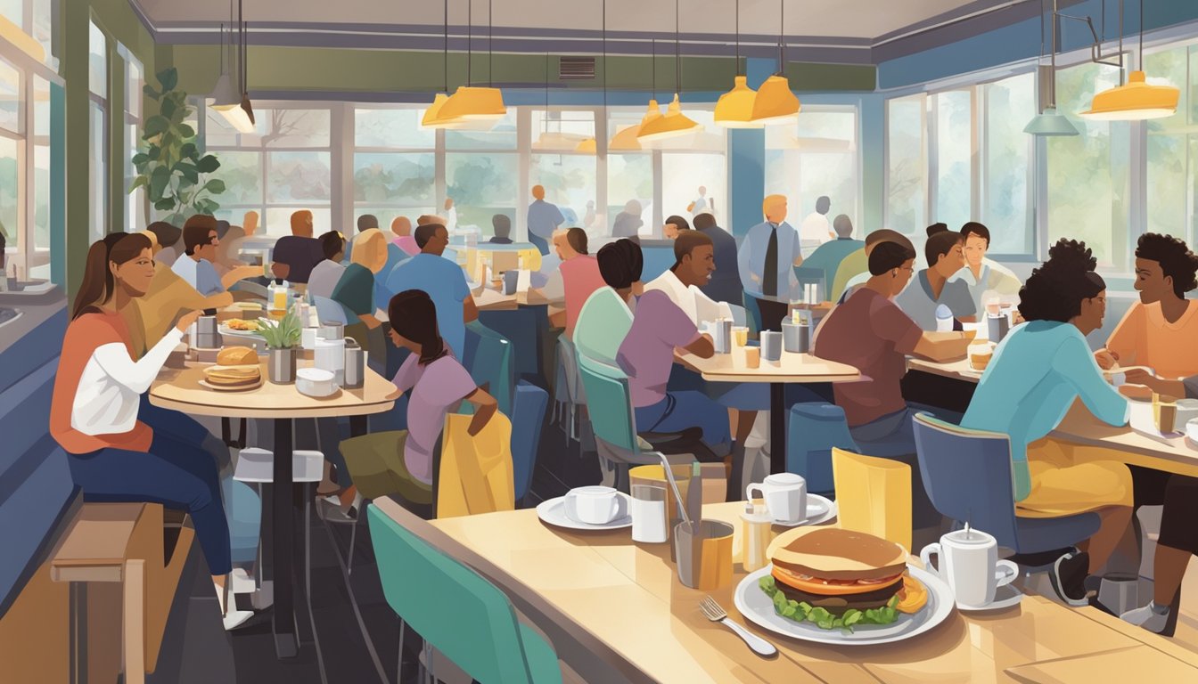 A bustling breakfast diner with a counter and booths, steaming plates of food, and a diverse group of regular patrons chatting and enjoying their meals