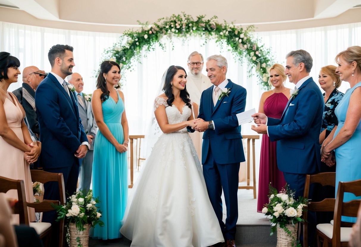 A bride and groom stand at an altar, surrounded by family and friends. The groom's parents hand over a check to the wedding planner, symbolizing their contribution to the wedding expenses