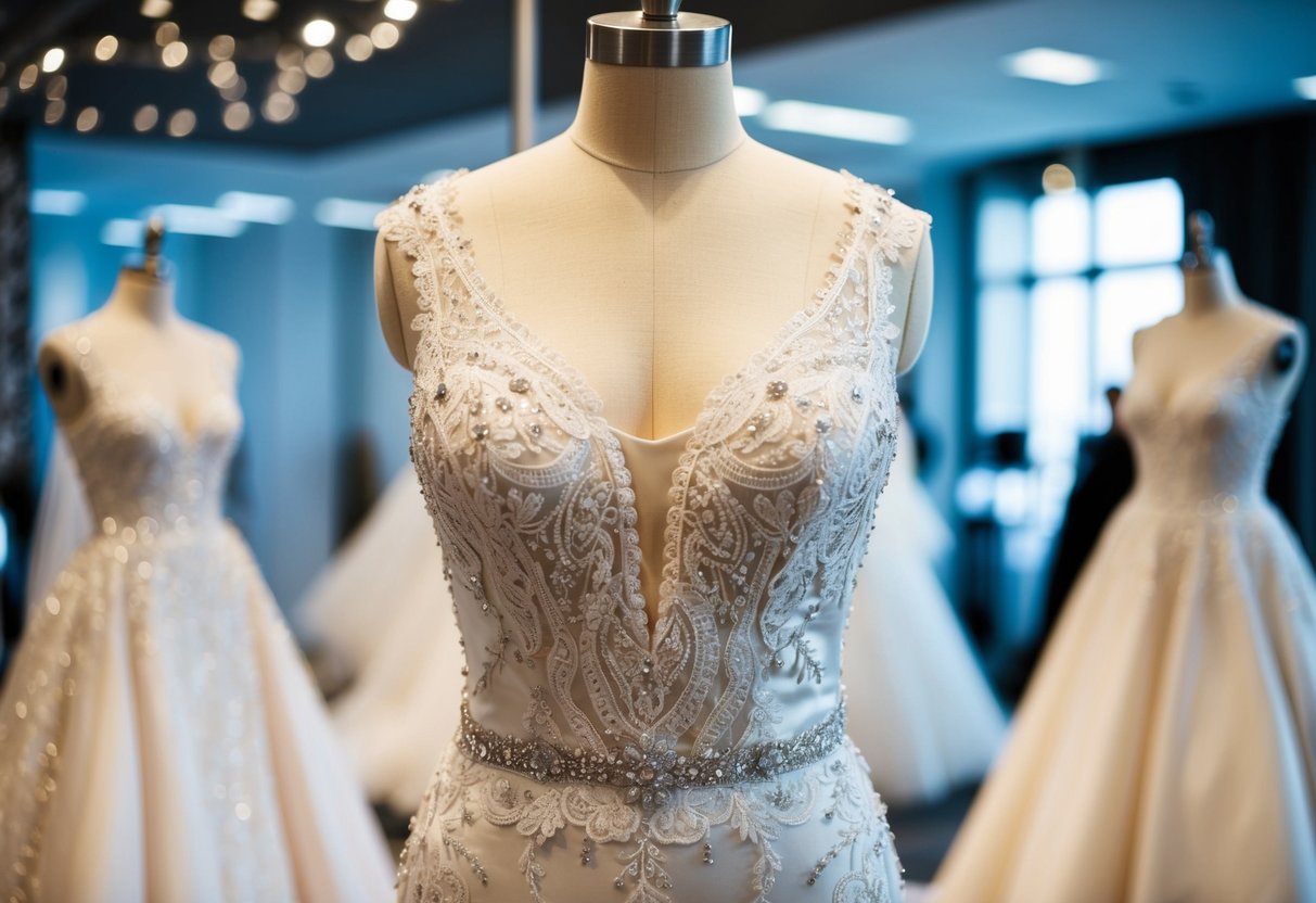 A luxurious wedding dress displayed on a mannequin, adorned with intricate lace, silk, and sparkling embellishments