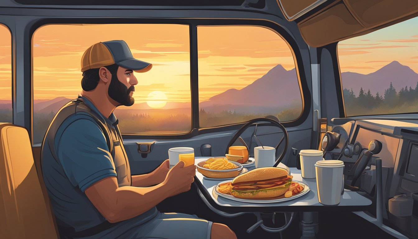 A trucker enjoying a hearty Hardee's breakfast while watching the sunrise from the driver's seat of his big rig