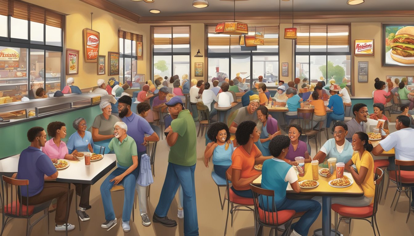 A bustling Hardee's restaurant with a diverse group of regular patrons enjoying full-day menu offerings