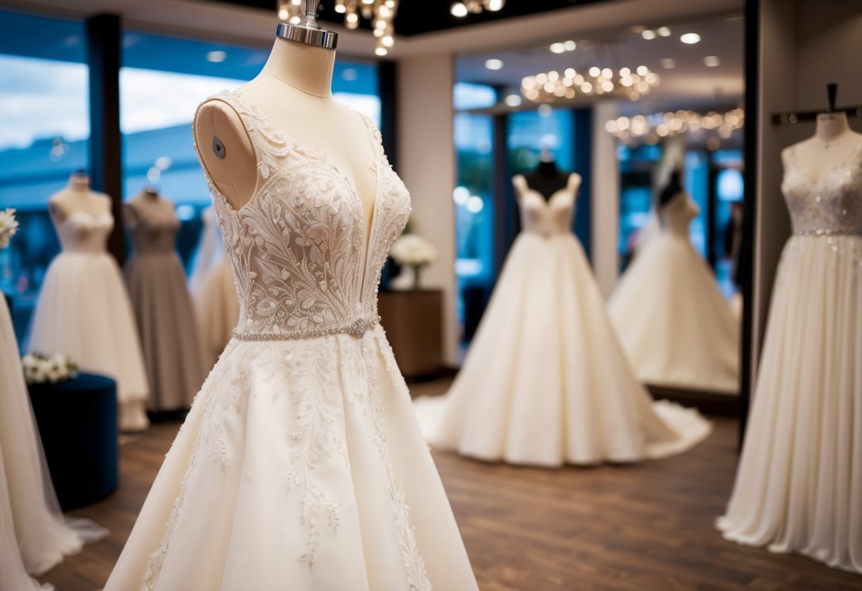A luxurious wedding dress being admired in a high-end boutique