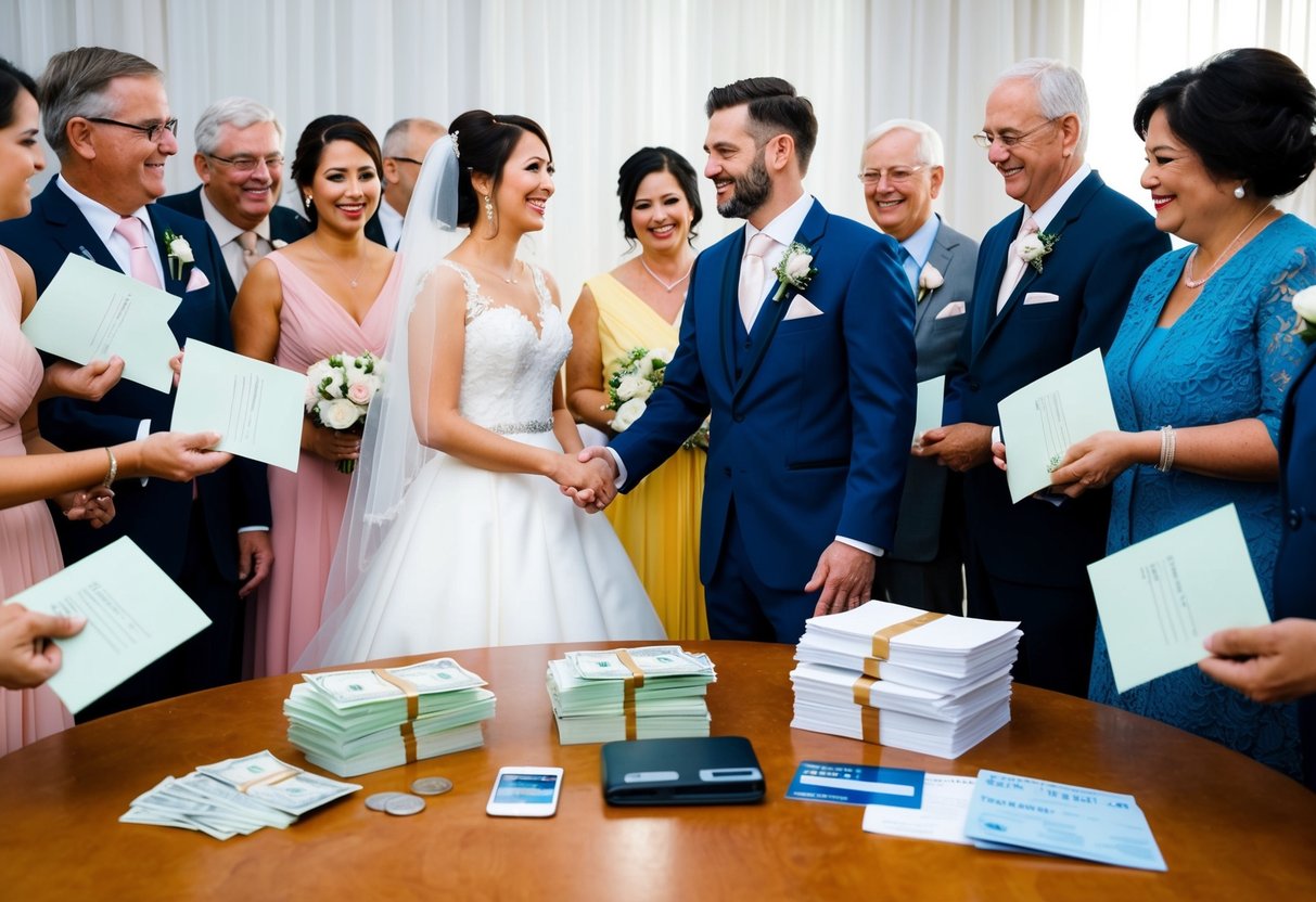 A bride and groom stand beside a table with a stack of cash, a checkbook, and a credit card. Family members and friends are gathered around, each holding a contribution envelope