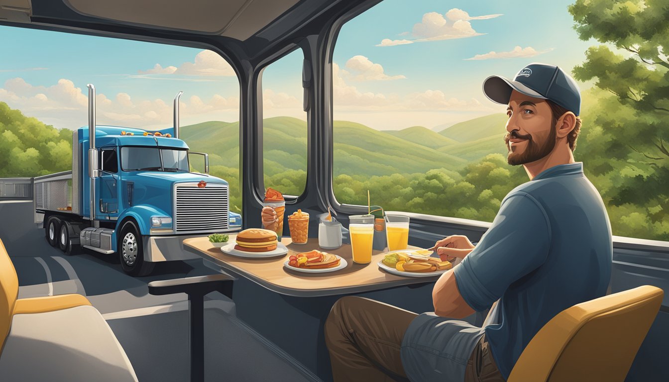 A trucker enjoying a Hardee's breakfast while parked by a scenic overlook, surrounded by lush greenery and clean air